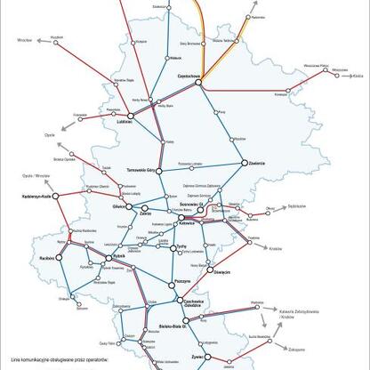 Mapa linii kolejowych dla Województwa Śląskiego, przedstawiająca rozwój i rozbudowę sieci kolejowej w regionie. (wygenerowano przez AI)