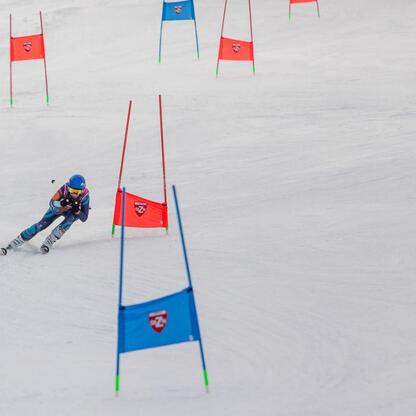 Skier w niebieskim kasku i kurtce, z czerwoną numerką na plecach, biegnie przez trasę z czerwonymi i niebieskimi flagami, otoczony śniegiem. (wygenerowano przez AI)