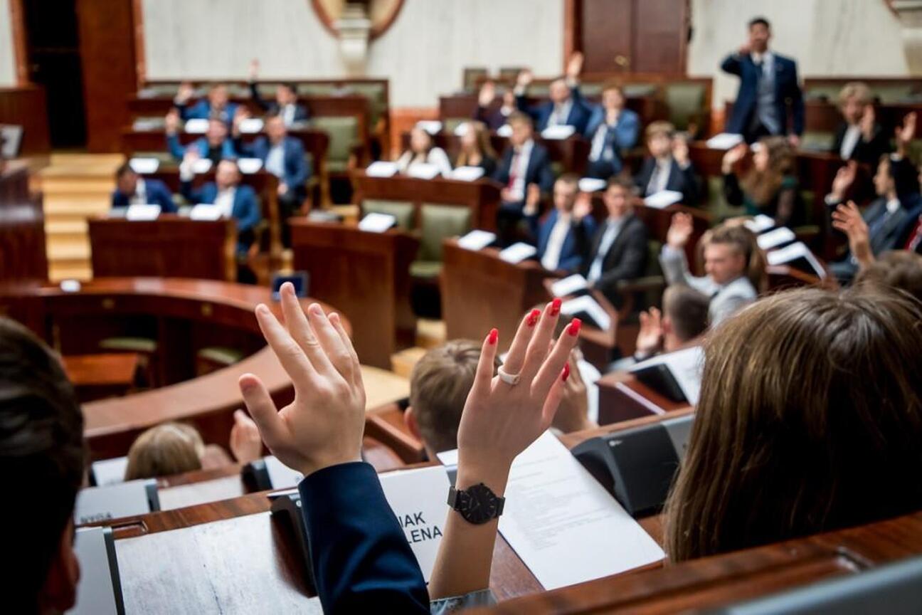 Młodzieżowy Sejmik Województwa Śląskiego: dyskusja i głosowanie. (wygenerowano przez AI)