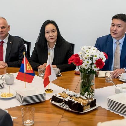 Formalne spotkanie dyplomatyczne w Katowicach, gdzie ambasador Mongolia Oyundari Navaan-Yunden i wicemarszałek Leszek Pietraszczak omawiają współpracę polsko-mongolską. (wygenerowano przez AI)