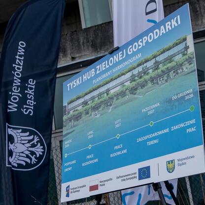 Tyski Hub Zielonej Gospodarki w Tychach, wspierający transformację regionu w kierunku ekologicznych rozwiązań. (wygenerowano przez AI)