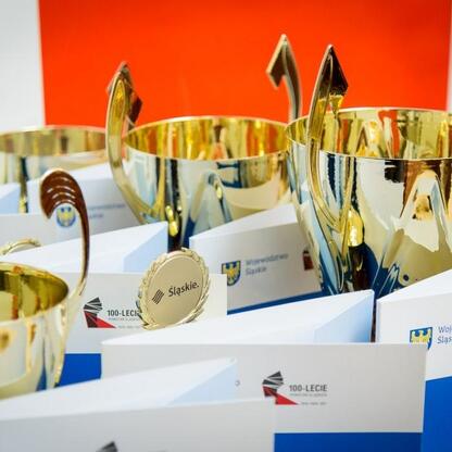 Złote trofea upamiętniające 100-lecie Województwa Śląskiego, nagrody dla sportowców. (wygenerowano przez AI)
