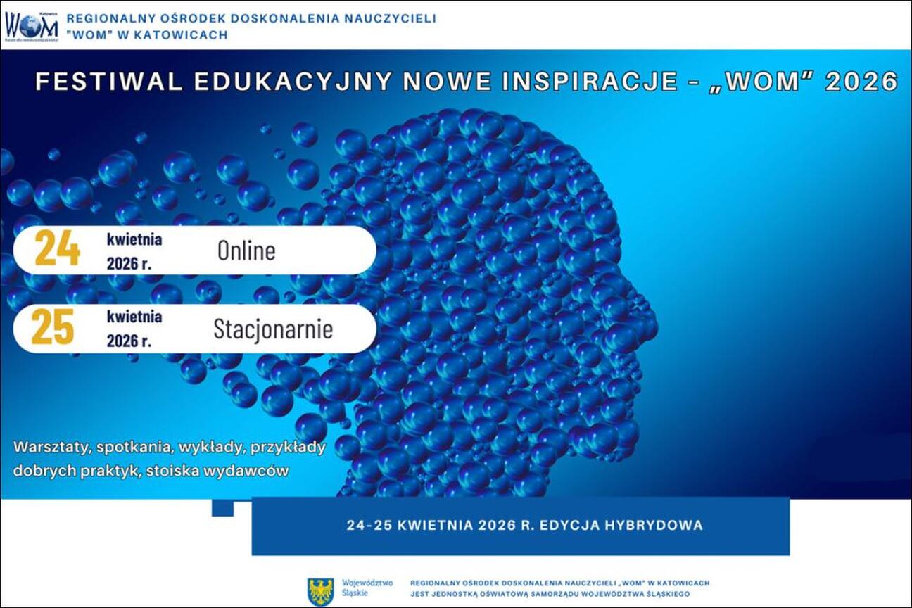 Promocja XII Festiwalu Edukacyjnego "Nowe Inspiracje" w Katowicach, zorganizowany w formie hybrydowej, z warsztatami i wykładami dla nauczycieli. (wygenerowano przez AI)