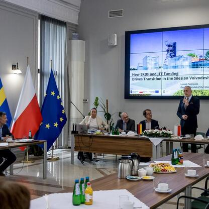 Wizyta delegacji Landtagu Nadrenii Północnej-Westfalii w Śląskim Voivodztwie, spotkanie z Leszkiem Pietraszkiem. (wygenerowano przez AI)