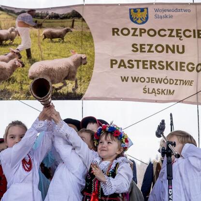 Widoczna jest uroczystość otwarcia sezonu pasterskiego w Rychwałdzie na Żywiecczyźnie, Śląsk. Dzieci w tradycyjnych strojach uczestniczą w festynie. (wygenerowano przez AI)