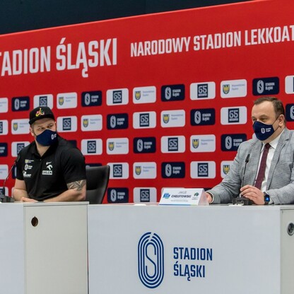Konferencja prasowa 100 dni przed mistrzostwami świata sztafet na Stadionie Śląskim