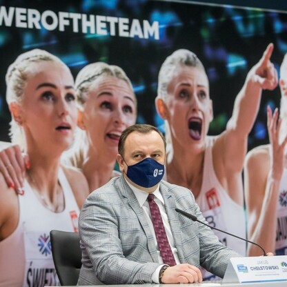 Konferencja prasowa 100 dni przed mistrzostwami świata sztafet na Stadionie Śląskim