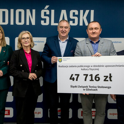 Grzegorz Boski, wicemarszałek województwa, wręcza symboliczne czeki na Stadionie Śląskim, wspierając działania kultury fizycznej i bezpieczeństwa publicznego. (wygenerowano przez AI)