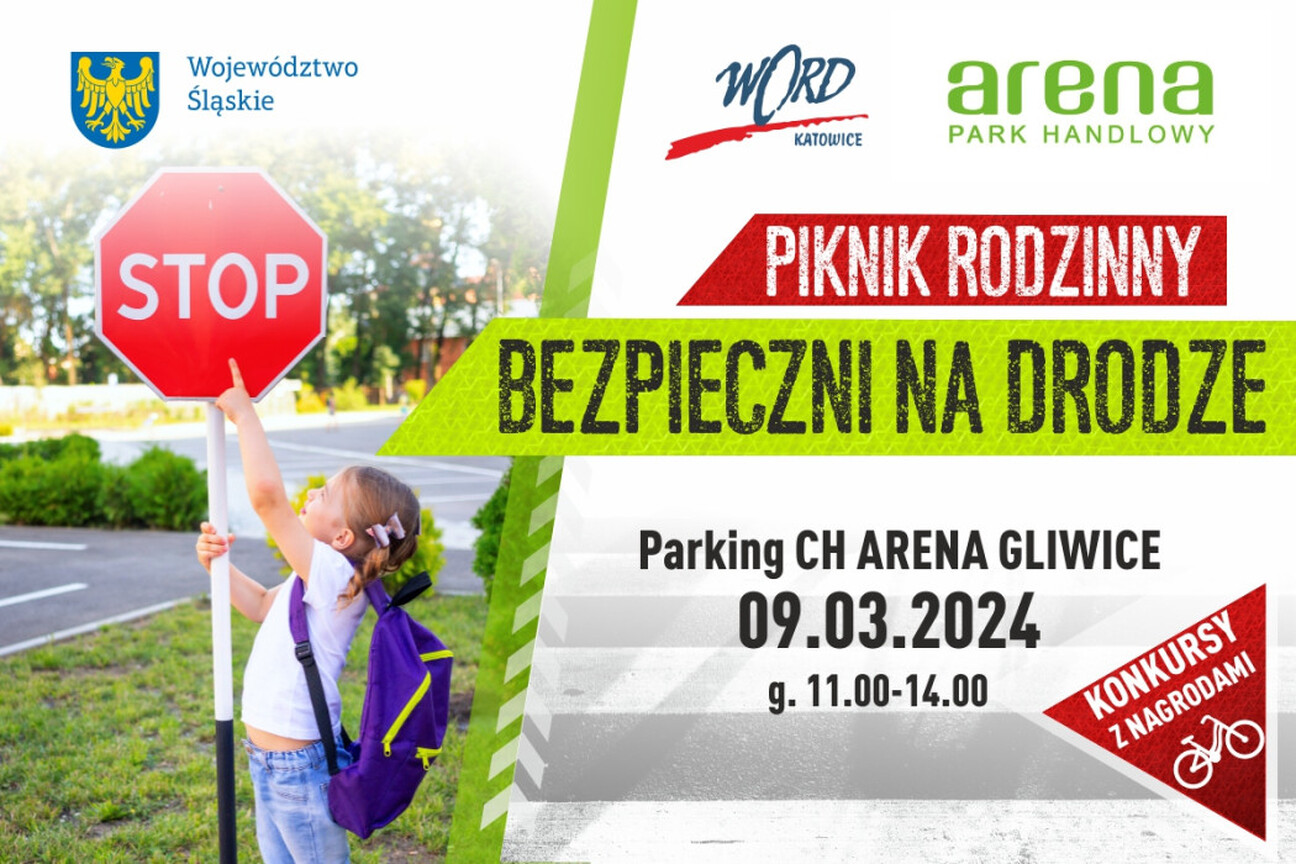 Promocja pikniku rodzinnego "Bezpieczni na drodze" w CH Arena Gliwice, 9 marca 2024. (wygenerowano przez AI)