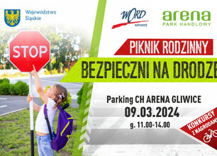 Promocja pikniku rodzinnego "Bezpieczni na drodze" w CH Arena Gliwice, 9 marca 2024. (wygenerowano przez AI)