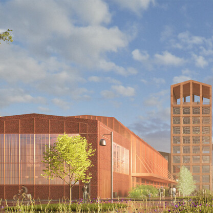 Nowoczesny projekt architektoniczny w Dąbrowie Górniczej, Polska, zintegrowany z zielenią i przestrzenią publiczną. (wygenerowano przez AI)