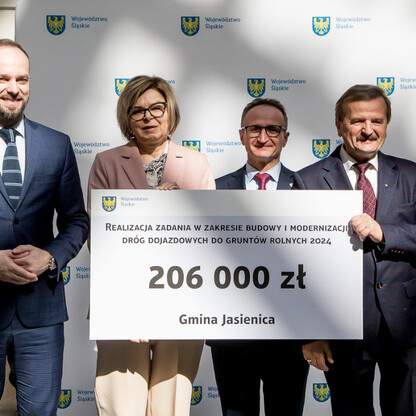Grzegorz Boski, wicemarszałek województwa, prezentuje symboliczny czek na modernizację dróg dojazdowych do gruntów rolnych w Silesia. (wygenerowano przez AI)